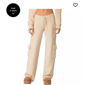 Edikted Cream Waffle Knit Wide Leg Cargo Pants